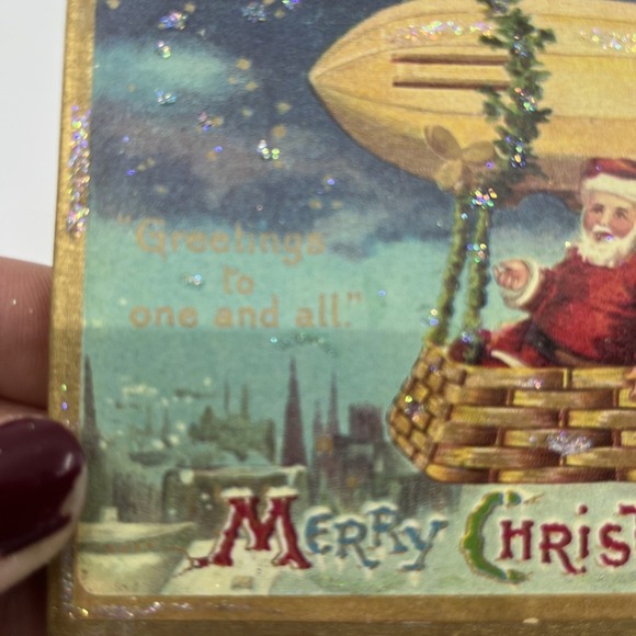Christmas Postcard 1900s Reprint Handcrafted Wooden Stand Decor Santa‎ Flying - Picture 2 of 8